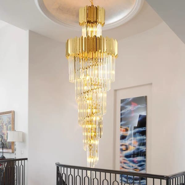 Thi công đèn thả thông tầng cầu thang pha lê K9 chịu tải bằng ty ren sắt