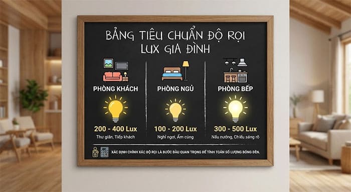 Bảng tiêu chuẩn độ rọi Lux dành cho các không gian phòng khách, phòng ngủ, phòng bếp trong gia đình