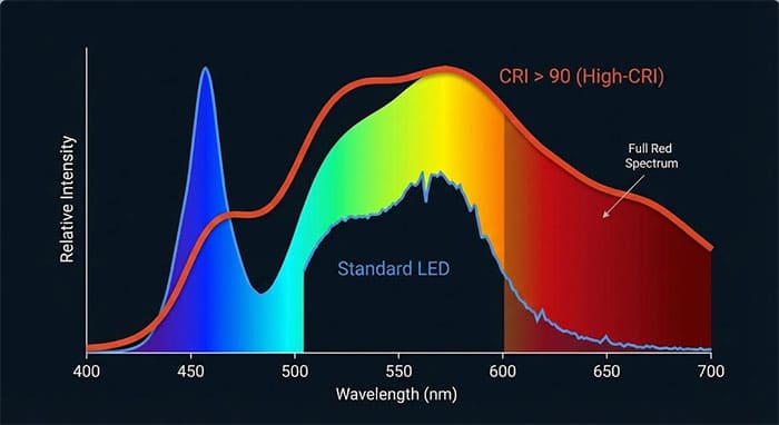 Biểu đồ quang phổ so sánh dải sóng ánh sáng của đèn LED tiêu chuẩn và đèn LED có chỉ số CRI cao