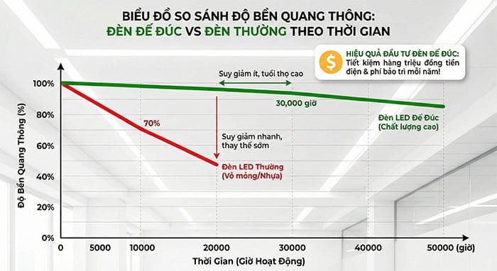 Biểu đồ so sánh độ bền quang thông của đèn đế đúc so với đèn thường theo thời gian