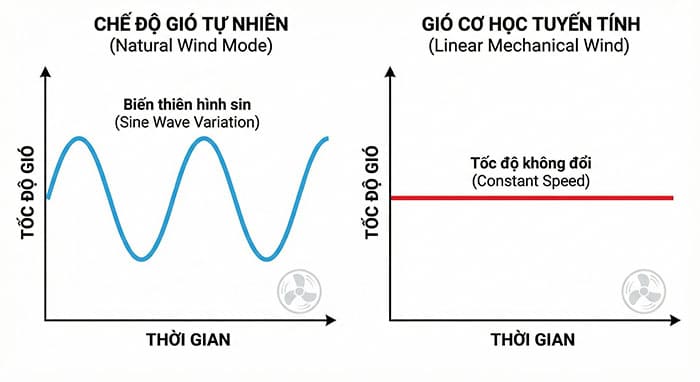 Biểu đồ so sánh đường cong tốc độ biến thiên của chế độ gió tự nhiên và đường thẳng của gió thường