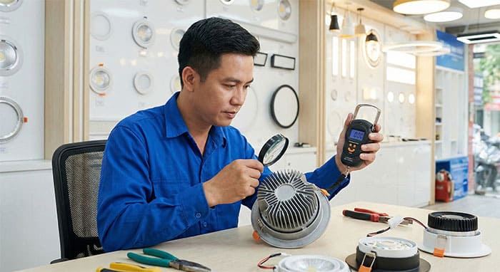 Chuyên gia đang kiểm tra chất lượng đèn led âm trần đế đúc bằng cách soi chi tiết tản nhiệt và cân nặng