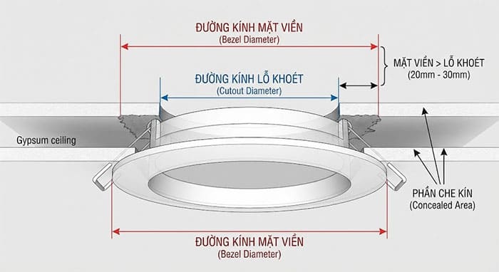 Đồ họa minh họa sự khác biệt giữa đường kính mặt viền ngoài và đường kính lỗ khoét âm trần của đèn LED