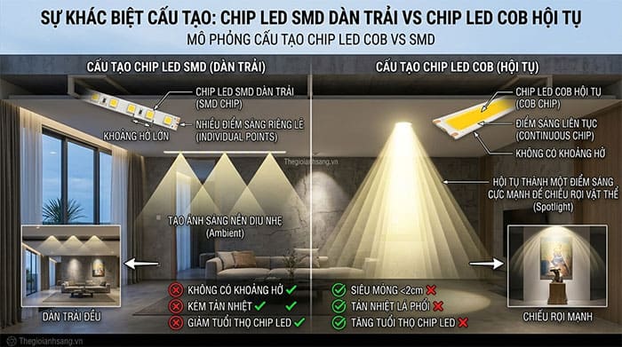 Đồ họa mô phỏng sự khác biệt về cấu tạo giữa chip LED COB hội tụ và chip LED SMD dàn trải