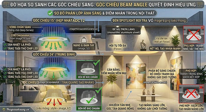 Đồ họa so sánh các góc chiếu sáng khác nhau của đèn downlight âm trần chip COB