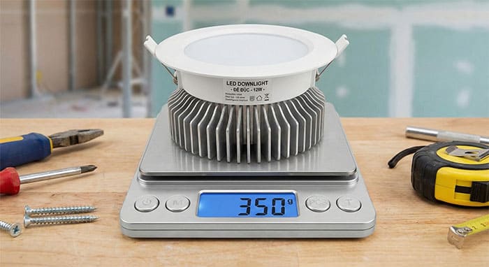 Hình ảnh đặt chiếc đèn led âm trần đế đúc lên cân tiểu ly hiển thị trọng lượng khoảng 350g