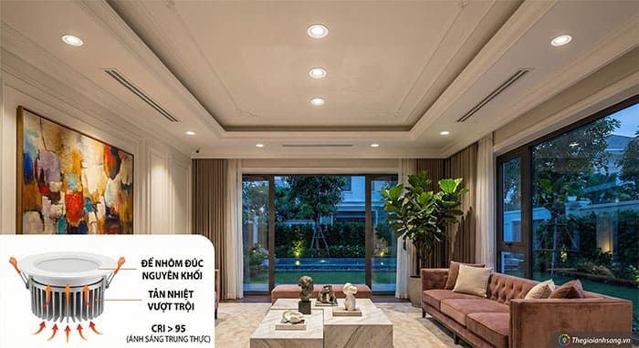 Không gian phòng khách biệt thự sang trọng sử dụng đèn led âm trần đế đúc với ánh sáng trung thực