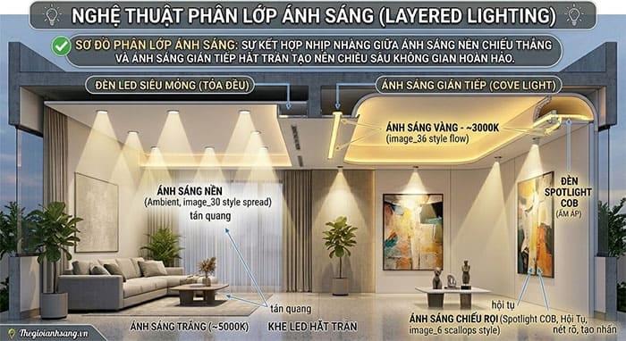 Không gian phòng khách sang trọng sử dụng kết hợp đèn âm trần SMD chiếu sáng tổng thể và đèn COB chiếu rọi điểm nhấn