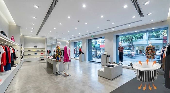 Không gian showroom thời trang sử dụng hệ thống đèn led âm trần 1 màu đế đúc cho ánh sáng rực rỡ và ổn định
