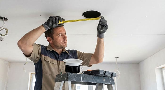 Kỹ thuật viên đang dùng thước dây đo đạc lại đường kính lỗ khoét trần thạch cao trước khi lắp đèn