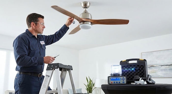 Kỹ thuật viên đang sử dụng bộ kẹp cân bằng động để xử lý tình trạng cánh quạt chênh lệch trọng lượng