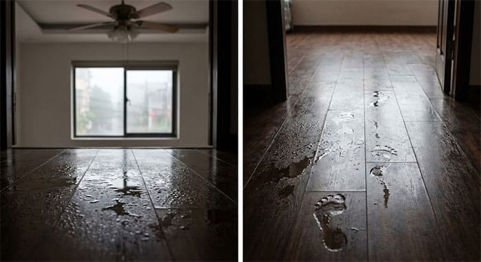 Sàn nhà gỗ bị đọng nước, đổ mồ hôi trơn trượt đặc trưng trong thời tiết mùa nồm ẩm