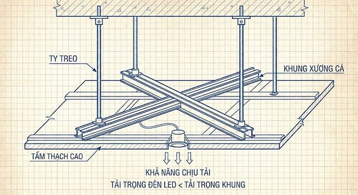 Sơ đồ kết cấu chịu lực của trần thạch cao với ty treo và khung xương cá chắc chắn