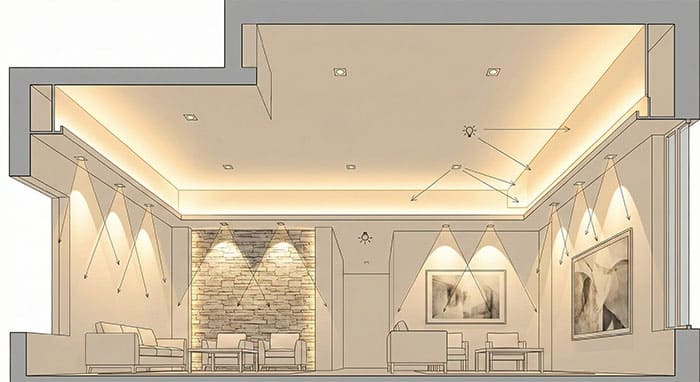 Sơ đồ minh họa cách bố trí đèn led âm trần kết hợp đèn hắt khe trần cho biệt thự