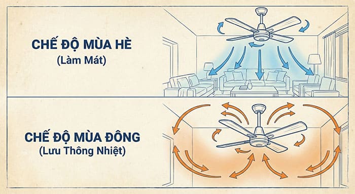 Sơ đồ minh họa nguyên lý luân chuyển luồng khí ở chế độ gió mùa hè và gió mùa đông của quạt trần
