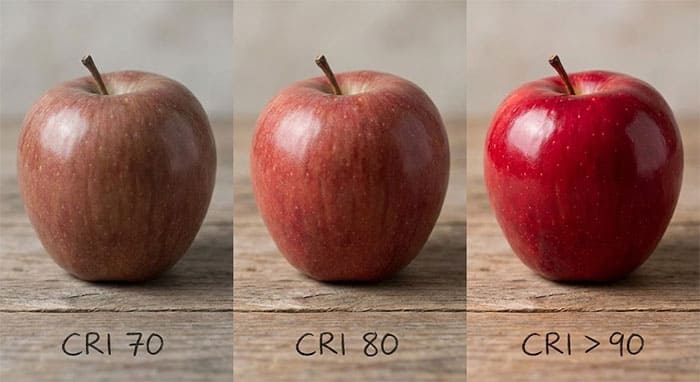 So sánh độ chân thực của quả táo dưới ánh sáng có chỉ số CRI 70, CRI 80 và CRI 90
