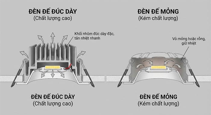 So sánh mặt cắt cấu tạo giữa đèn led âm trần đế đúc dày dặn và đèn đế mỏng tản nhiệt kém