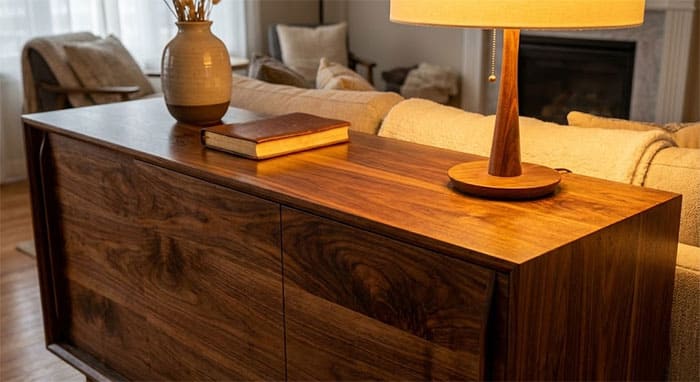 Ánh sáng vàng 3000K làm nổi bật vân gỗ óc chó