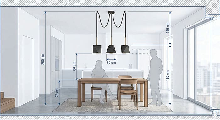 Bản vẽ minh họa khoảng cách tiêu chuẩn khi treo đèn thả bàn ăn