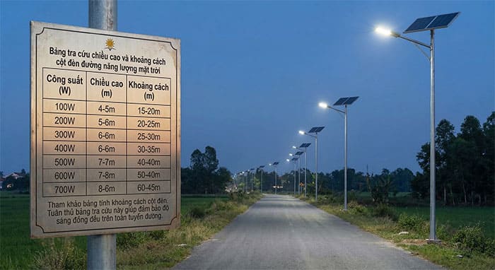 Bảng tra cứu chiều cao và khoảng cách cột đèn đường năng lượng mặt trời