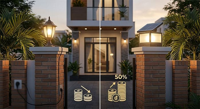 Biểu đồ so sánh chi phí tiết kiệm khi dùng đèn năng lượng mặt trời