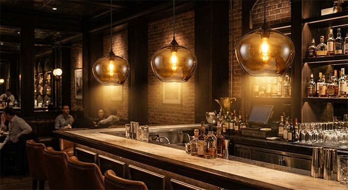 Bộ 3 đèn thả thủy tinh màu hổ phách treo quầy bar cực chill