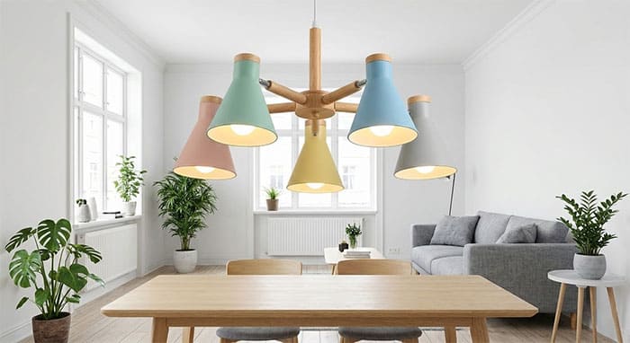 Bộ đèn chùm Bắc Âu với các chao đèn màu pastel phối hợp