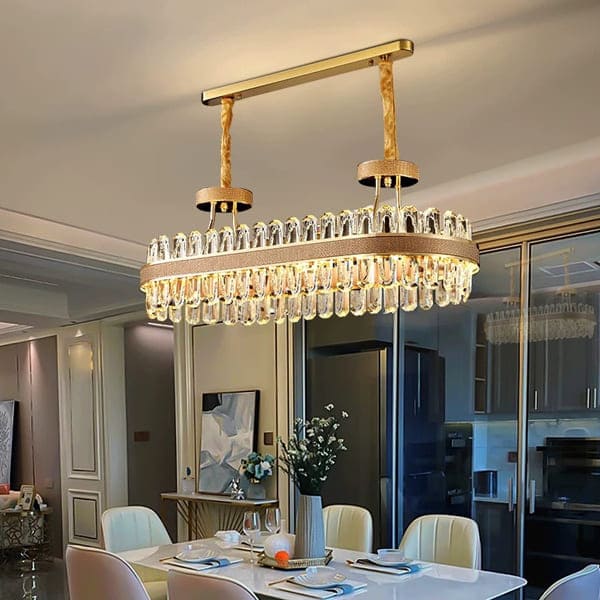 Bộ đèn thả pha lê thanh ngang hiện đại trên bàn ăn