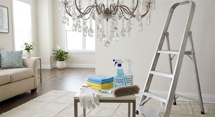 Bộ dụng cụ vệ sinh đèn chùm gồm thang, găng tay và nước rửa chuyên dụng