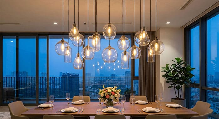 Bố trí cụm đèn thả thủy tinh trong suốt cho không gian bàn ăn