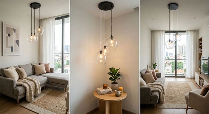 Bố trí đèn thả góc sofa phòng khách theo phong cách Bắc Âu