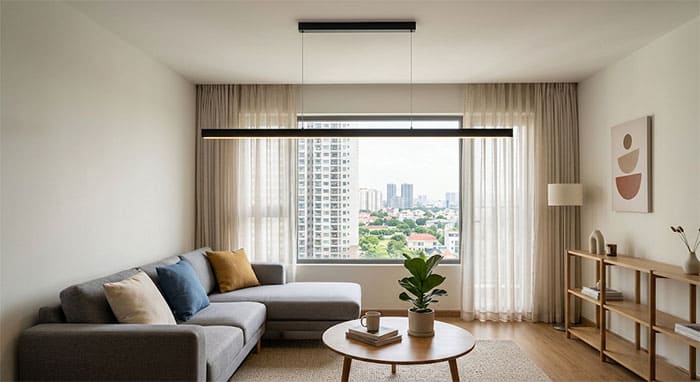 Bố trí đèn thả thanh ngang Minimalist cho trần nhà dưới 2m6