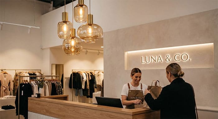 Bố trí đèn thả trang trí tại quầy thu ngân shop thời trang tạo điểm nhấn thương hiệu