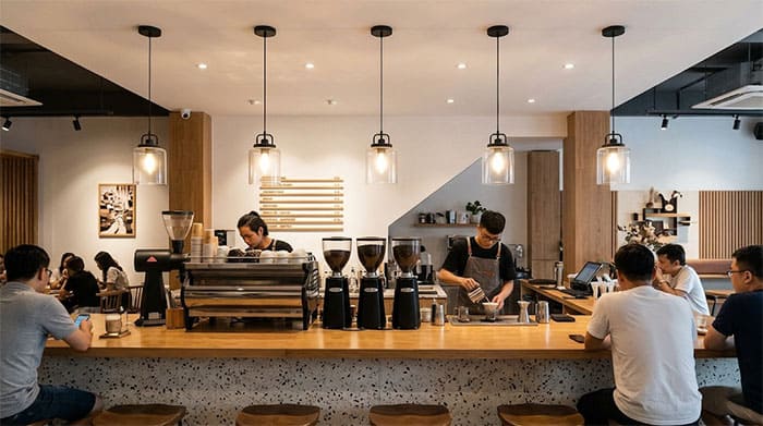 Bố trí đèn treo quầy pha chế thẳng hàng đẹp mắt