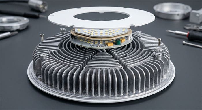 Bóc tách mặt lưng xẻ rãnh tản nhiệt của dòng đèn led âm trần 3 màu đế đúc nguyên khối