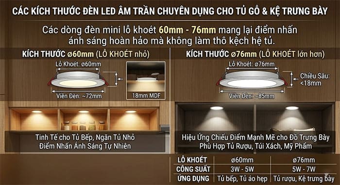 Các kích thước đèn led âm trần lỗ khoét 60 và 76 chuyên dụng cho tủ bếp, kệ trưng bày