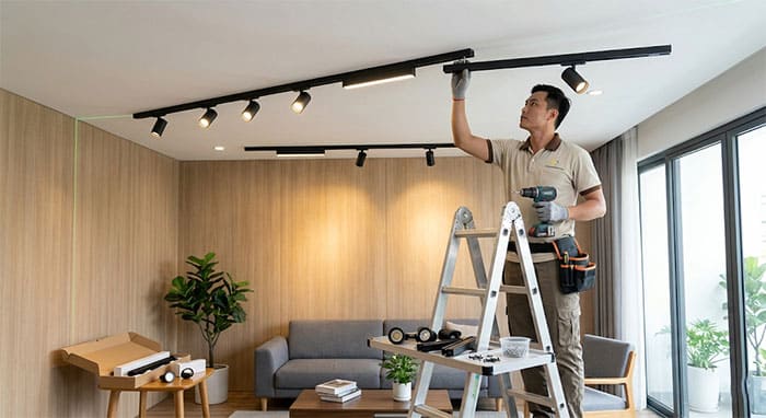 cách lắp đèn ray nam châm nổi trần