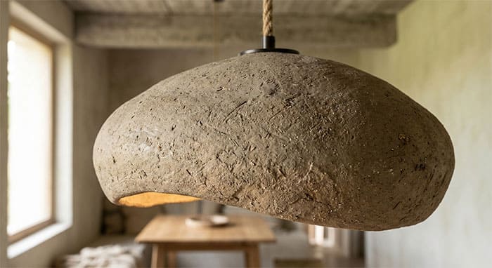 Cận cảnh bề mặt thô nhám của đèn thả Wabi Sabi làm từ vật liệu composite giả gốm