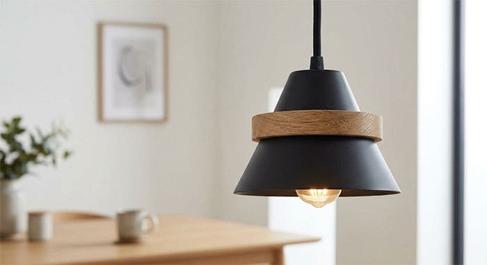 Cận cảnh đèn thả kết hợp chất liệu gỗ tự nhiên và kim loại sơn nhám