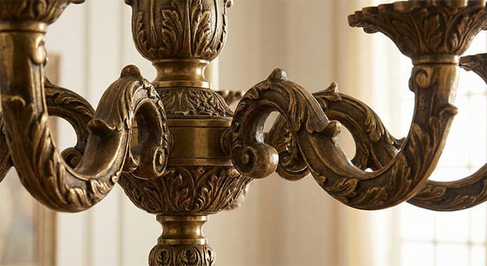 Cận cảnh khung đèn chùm đồng được chạm khắc tinh xảo