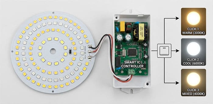 Cấu tạo chip led và bo mạch điều khiển của đèn âm trần 3 màu