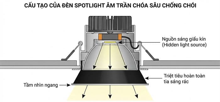 Cấu tạo của đèn spotlight âm trần chóa sâu chống chói