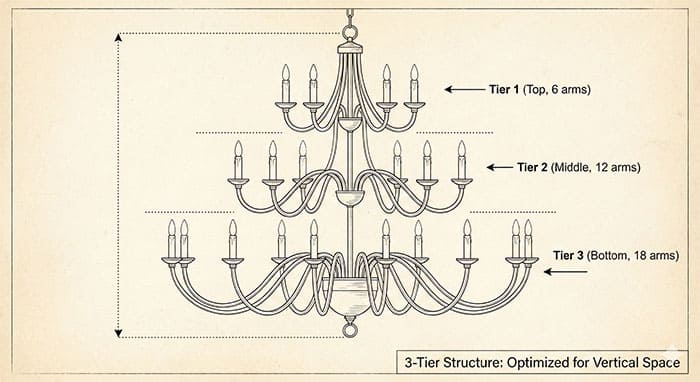 Cấu trúc đèn chùm nến xếp 3 tầng tay đèn so le nhau
