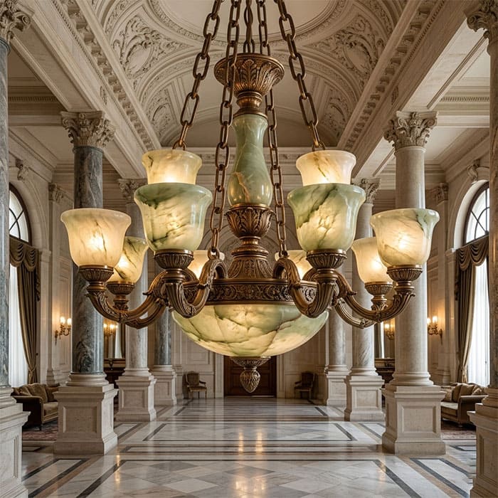 Cấu trúc thiết kế đèn chùm đồng nguyên khối kết hợp với đá tự nhiên