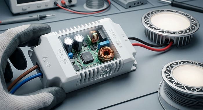 Chấn lưu Driver của đèn led âm trần giúp ổn định dòng điện, chống nhấp nháy