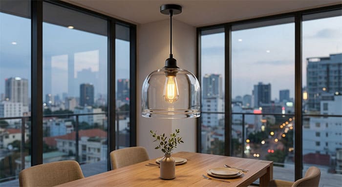 Chao đèn thả thủy tinh dày dặn, chịu lực tốt