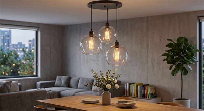 Chao đèn thủy tinh trong suốt kết hợp bóng LED Filament