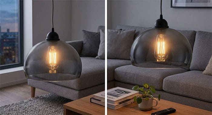 Chao đèn thủy tinh xám khói kết hợp bóng LED Filament