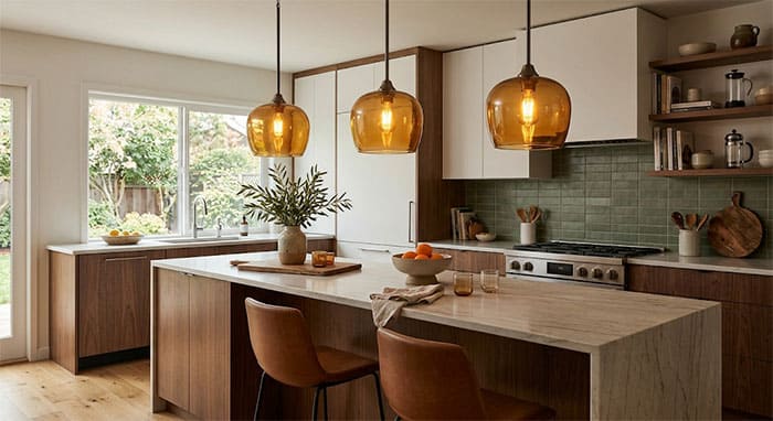 Chao thủy tinh màu hổ phách treo thả đảo bếp hiện đại