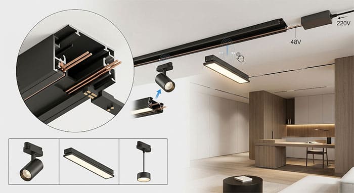 Chi tiết cấu tạo thanh ray, bộ nguồn 48V và các module đèn từ tính